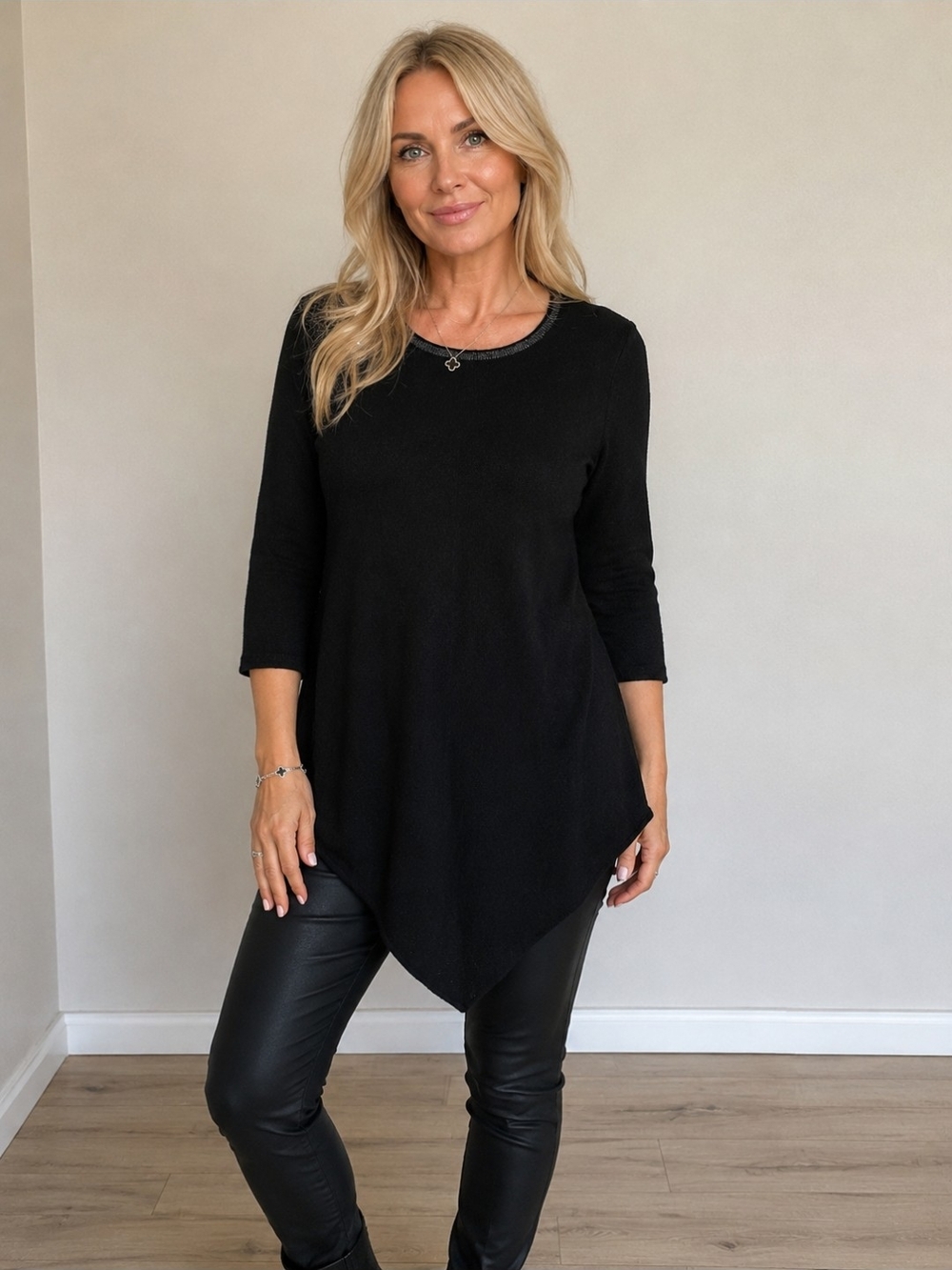 Neiman Marcus 100 % Cashmere Black Asymmetric Handkerchief Hem Tunic